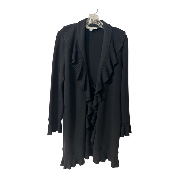 St. John Collection Sz 6 Long Ruffle Front Cardigan Black Santana Knit EUC - Picture 1 of 9